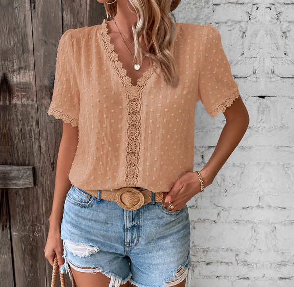 Mabel | Lace-Trim Dotted Woven Blouse, Short Puff-Sleeve Top