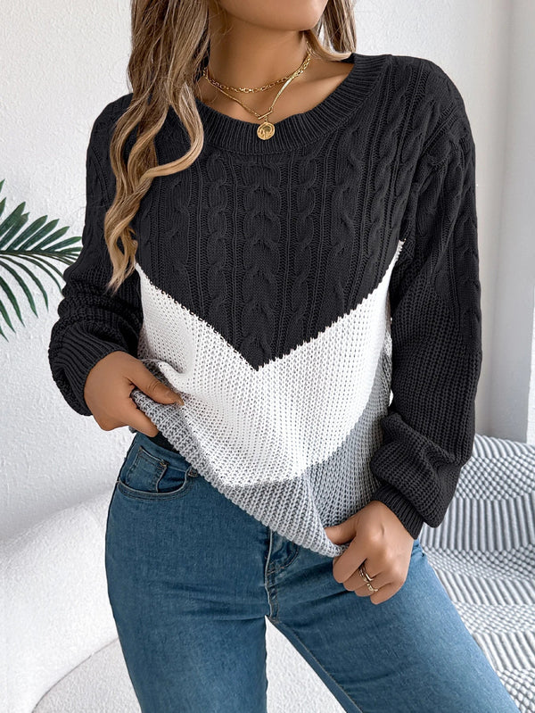Pearl | Cable-Knit Colorblock Sweater, Relaxed Crewneck Pullover