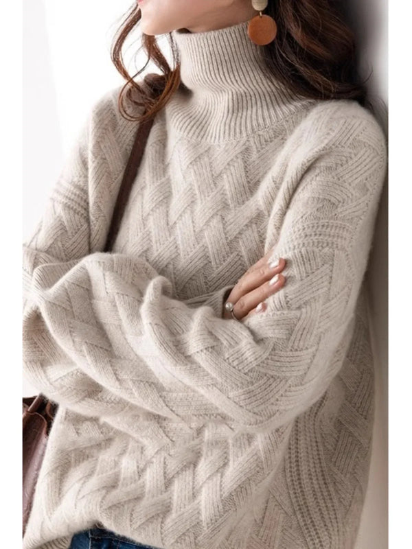 June | Chevron Cable-Knit Turtleneck Sweater, Boxy Volume-Sleeve Pullover