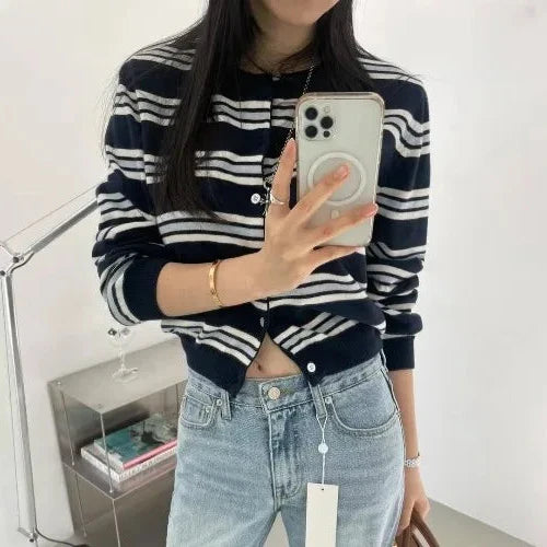 Georgia | Striped Button-Front Cardigan, Cropped Fine-Knit Sweater