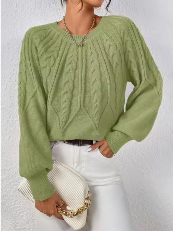 Sylvie | Cable-Knit Crewneck Sweater, Blouson-Sleeve Pullover