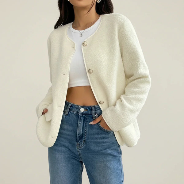 Ruby | Gold-Button Knit Jacket, Collarless Cardigan Blazer