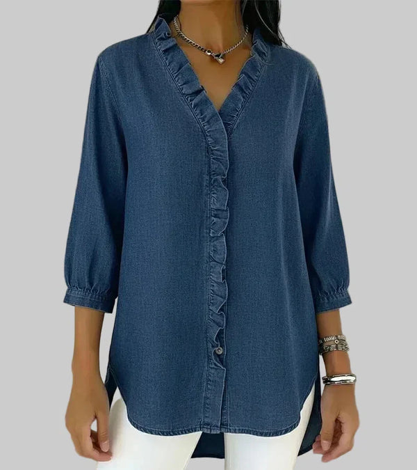 Kate | Ruffle V-Neck Washed Blouse, Three-Quarter Sleeve Top