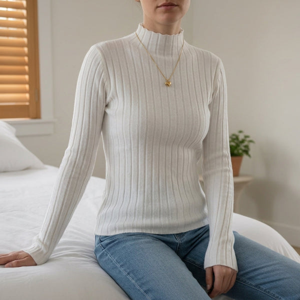 Claire | Ribbed Mock-Neck Knit Sweater, Slim Lettuce-Edge Pullover