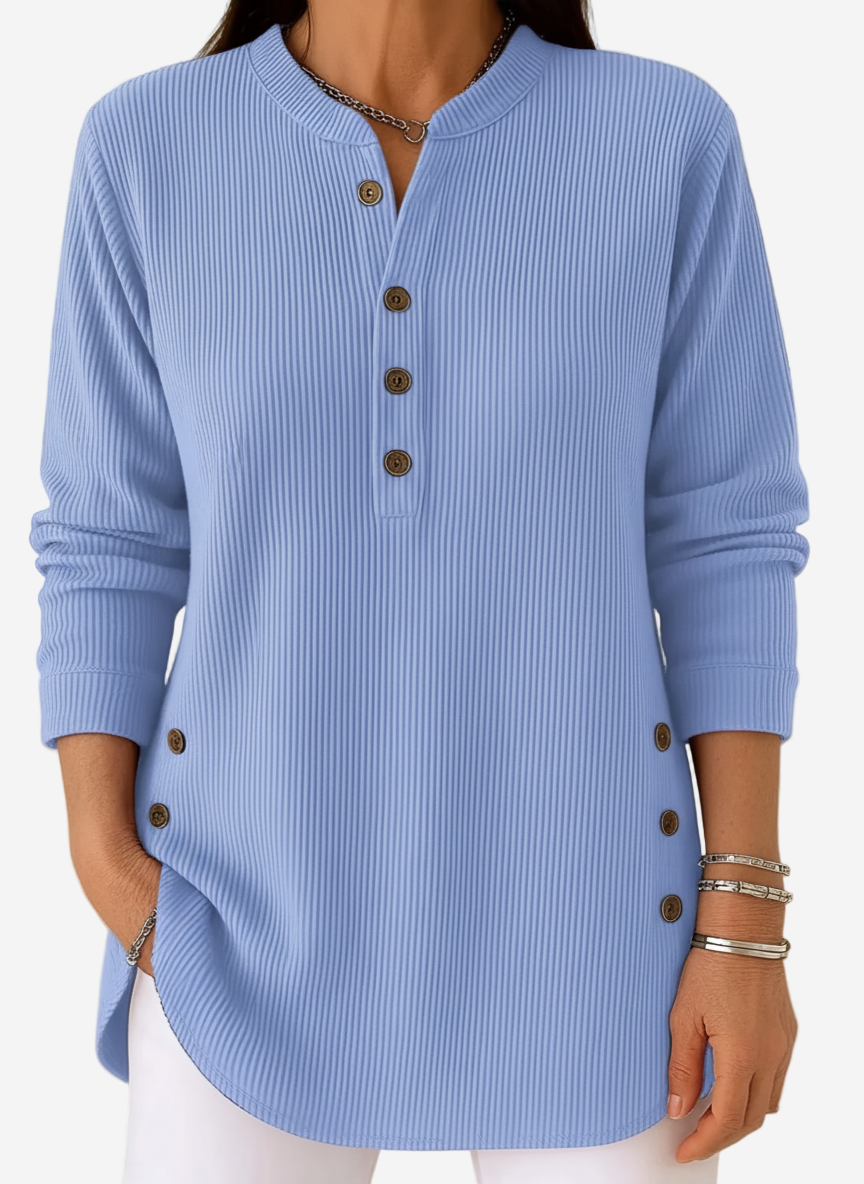 Mary | Button-Neck Ribbed Knit Tunic, Longline Split-Neck Top