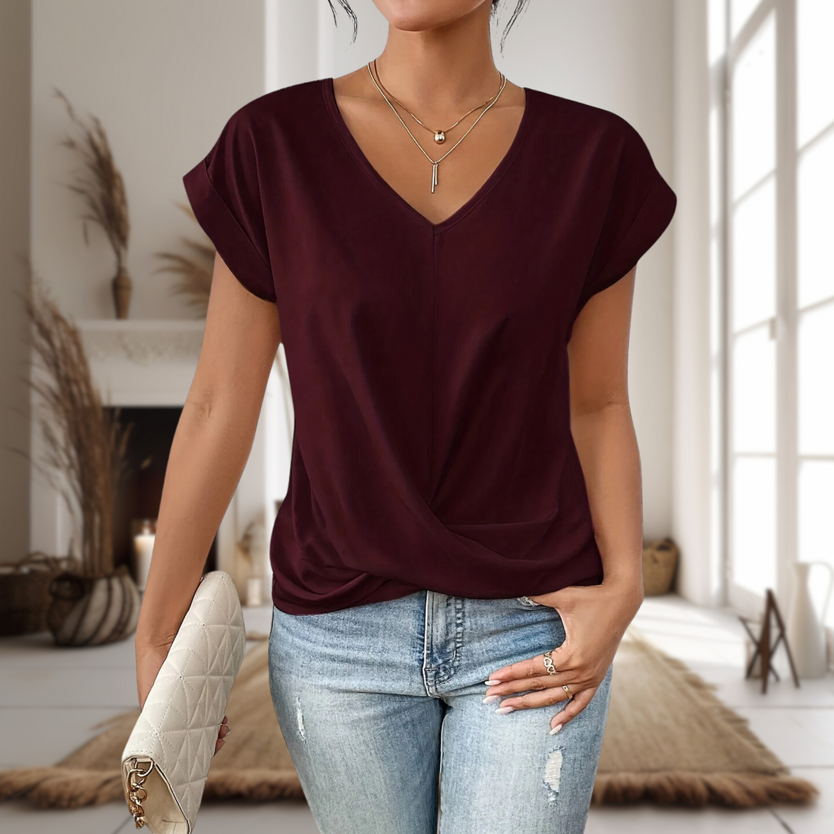 Lila | Twist-Hem V-Neck Jersey Top, Short-Sleeve Draped Tee