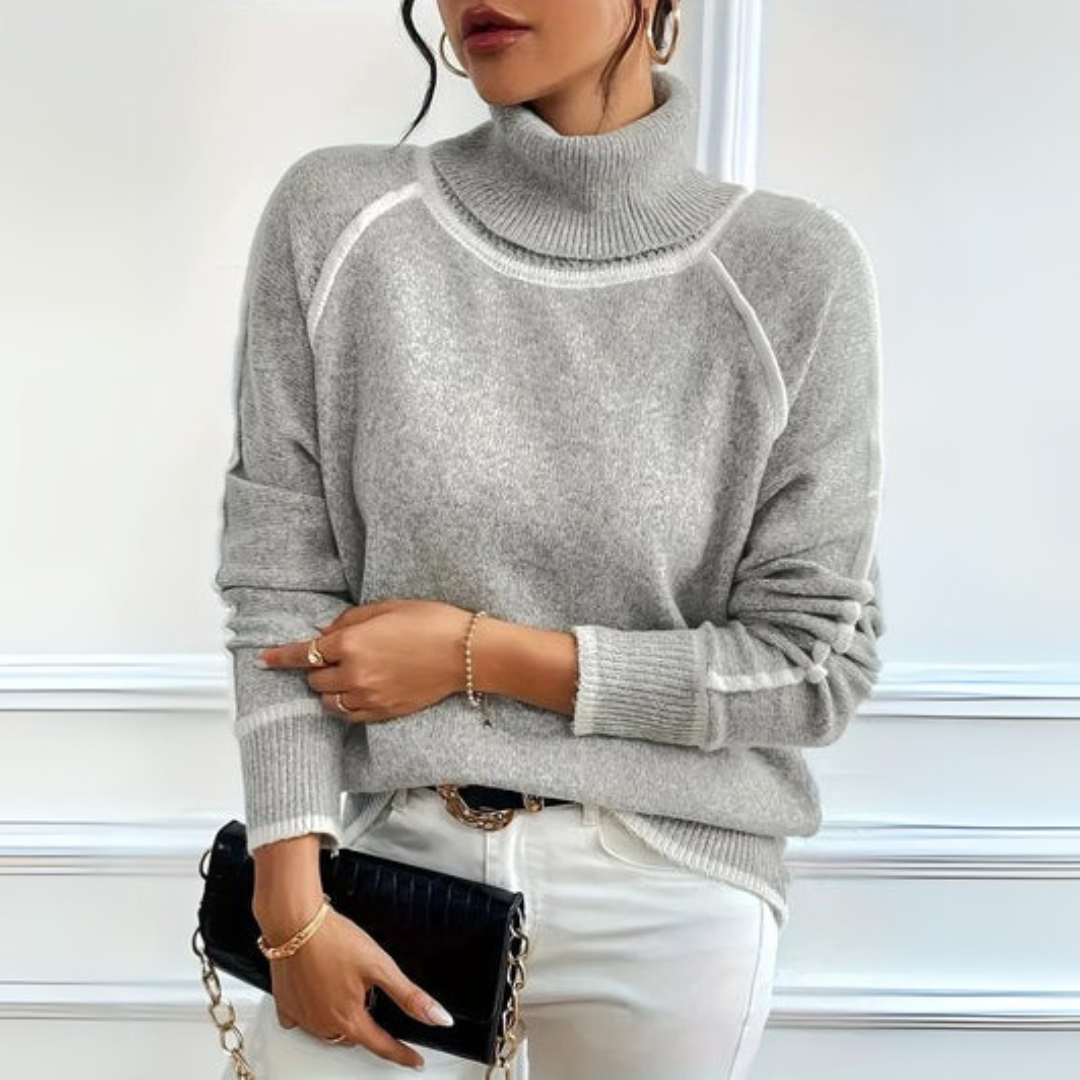 Audrey | Folded Turtleneck Knit Sweater, Contrast-Trim Pullover