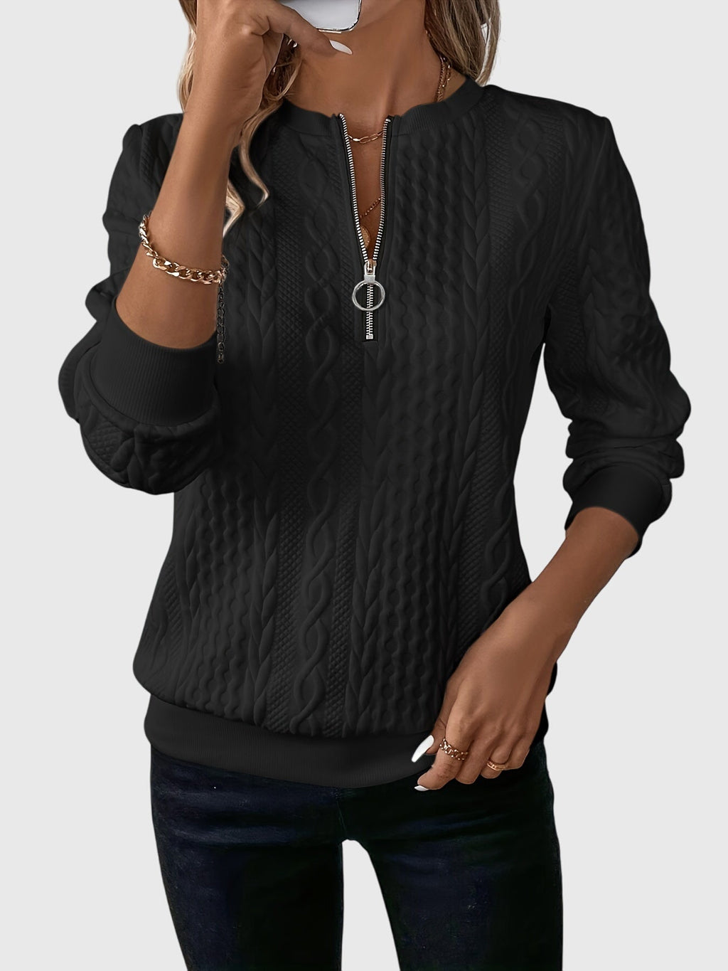 Zip-Neck Knit Pullover Sweater