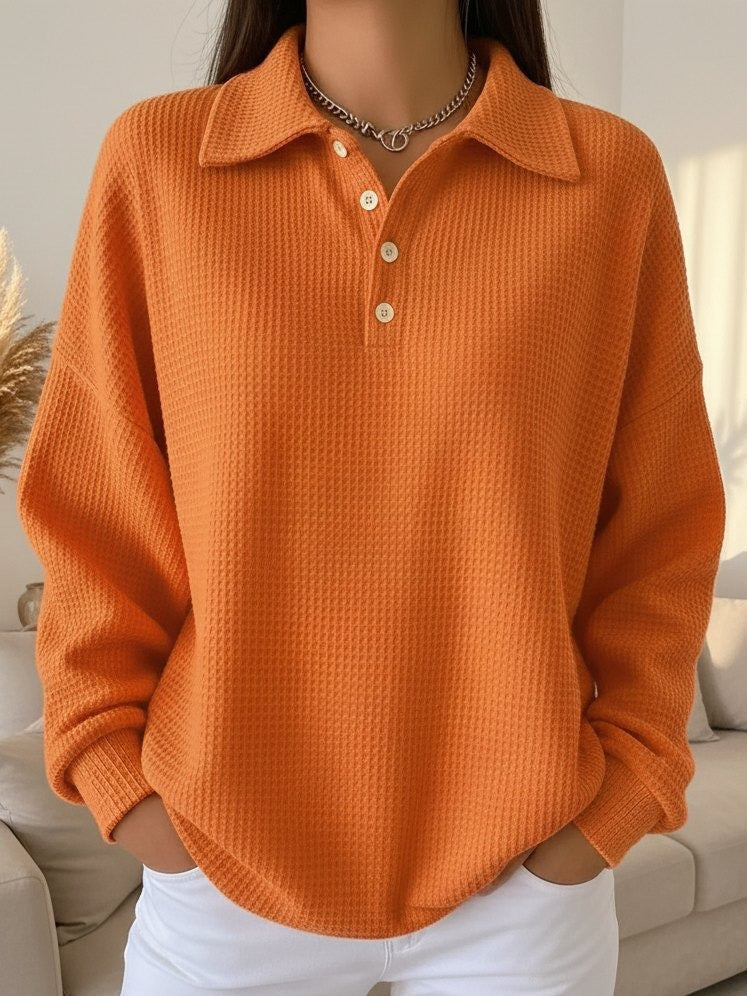 Bella | Collared Waffle-Knit Pullover, Three-Button Relaxed Sweater