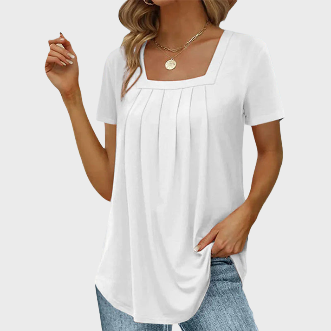 Claire | Pleated Square-Neck Jersey Top, Relaxed Short-Sleeve Tunic