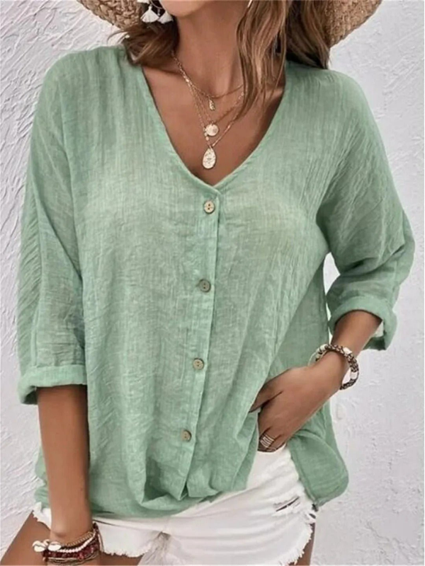 Lily | Crinkle-Woven V-Neck Blouse, Collarless Button-Front Top