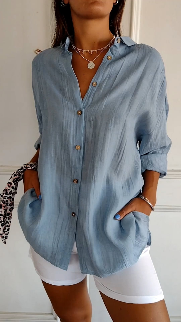 Kate | Crinkle-Woven Oversized Shirt, Longline Button-Front Top