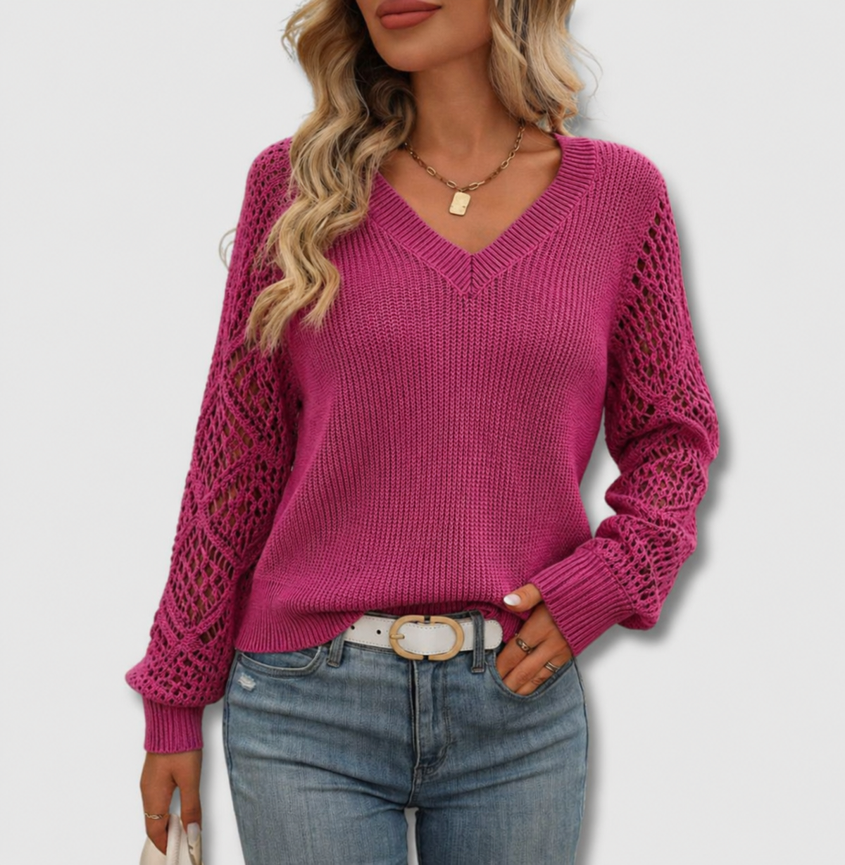 June | Lace-Sleeve V-Neck Sweater, Drop-Shoulder Knit Pullover