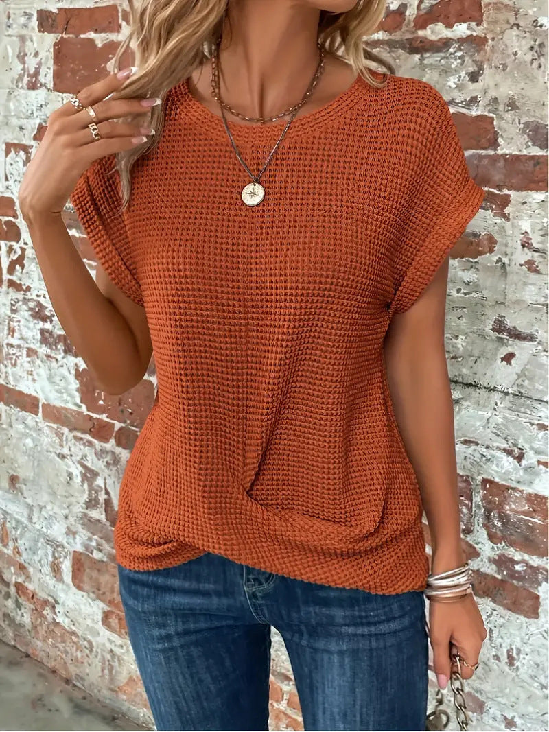 Beatrice | Cotton-Blend Waffle-Knit Top, Short-Sleeve Twist Hem