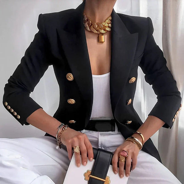 Hazel | Double-Breasted Woven Blazer, Fitted Cropped Gold-Button Jacket