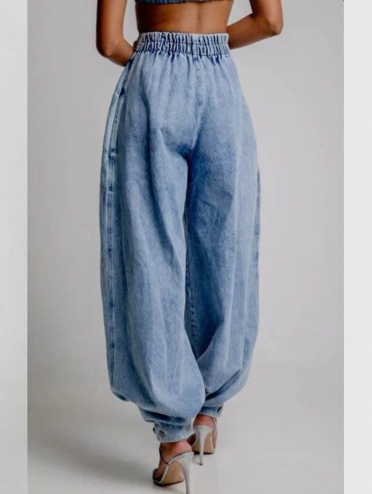 Etta | Blue High-Waist Pleated Balloon Denim Jeans, Cuffed Hem