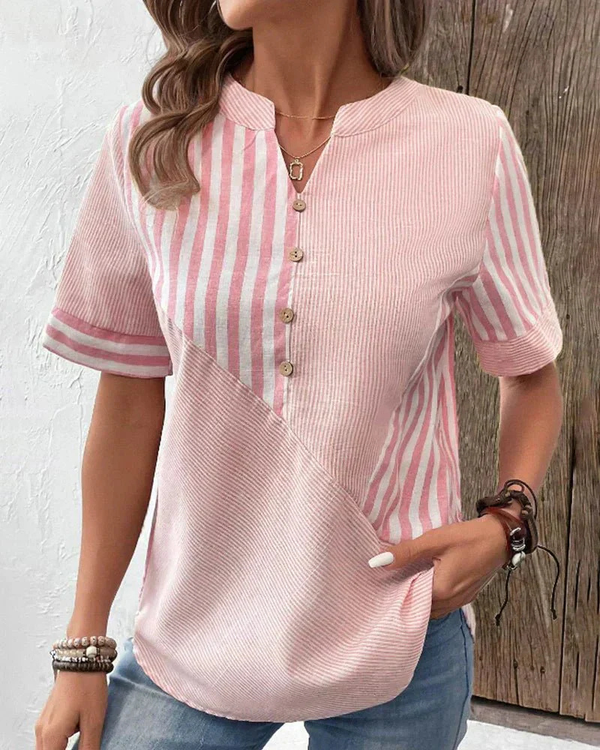 Nora | Striped Cotton Popover Blouse, Short-Sleeve Band-Collar Top