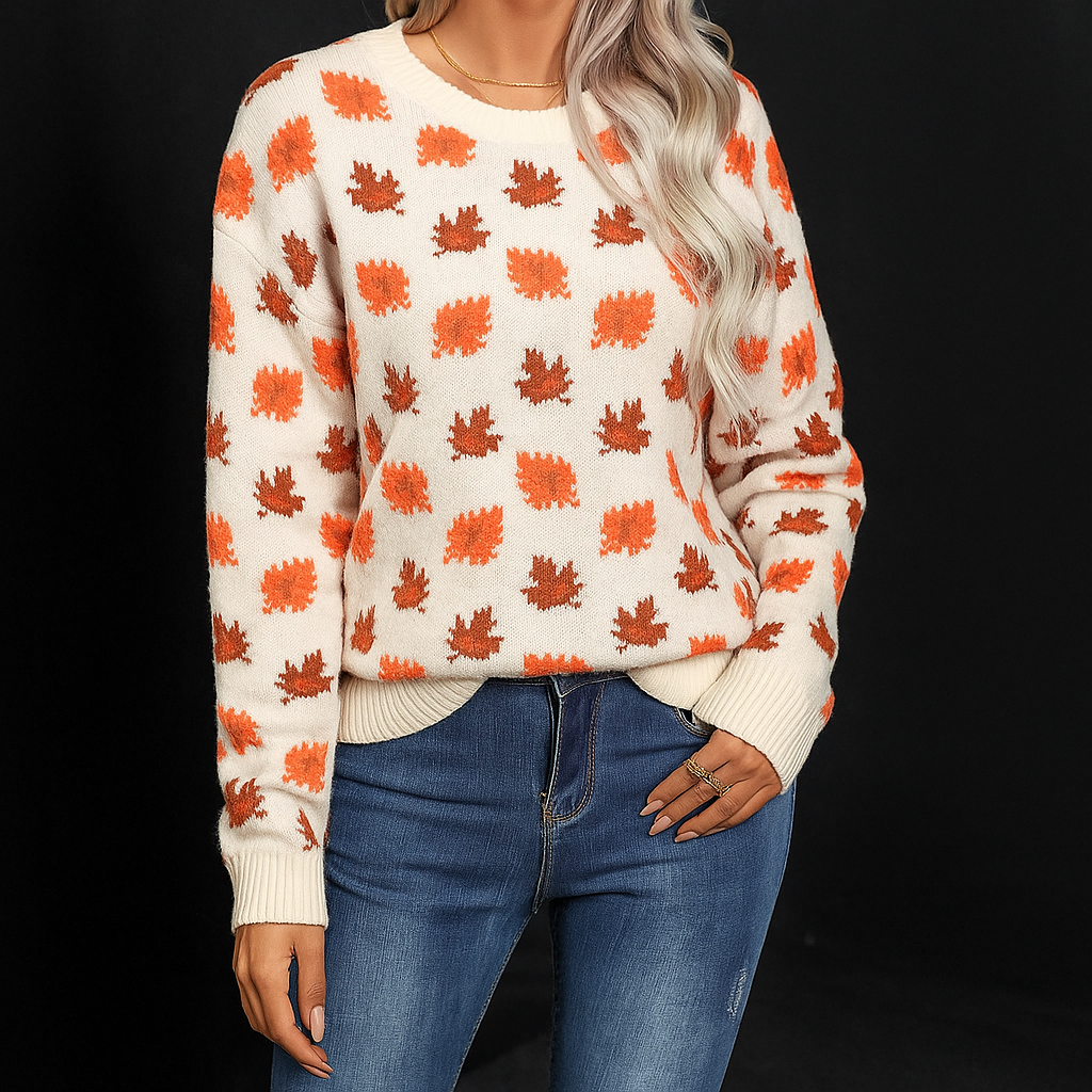 Grace | Maple-Leaf Brushed Knit Sweater, Crewneck Pullover