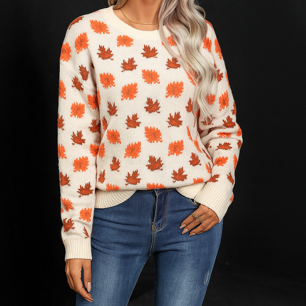 Grace | Maple-Leaf Brushed Knit Sweater, Crewneck Pullover