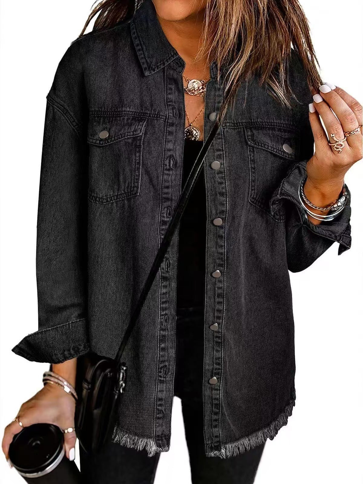Ellie | Button-Front Denim Overshirt Jacket, Oversized Raw-Hem Jacket
