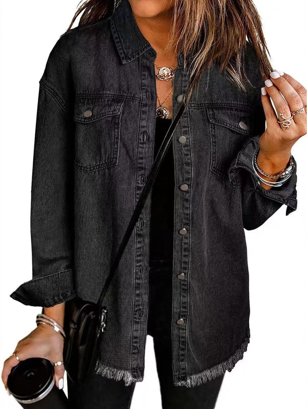 Ellie | Button-Front Denim Overshirt Jacket, Oversized Raw-Hem Jacket
