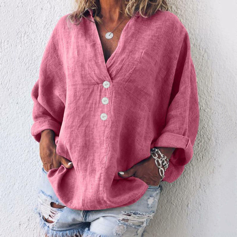 Betty | Oversized Crinkled Cotton-Blend Blouse, Button V-Neck Top