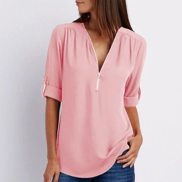 Ivy | Zip-Neck Lightweight Woven Blouse, Roll-Tab Sleeve Top
