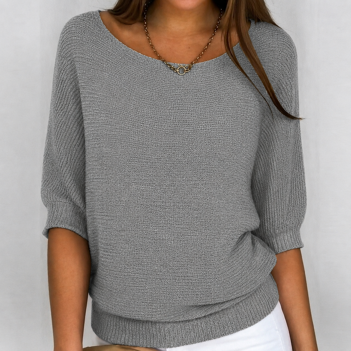 Cara | Boat-Neck Cotton-Blend Knit Sweater, Batwing Three-Quarter Sleeve