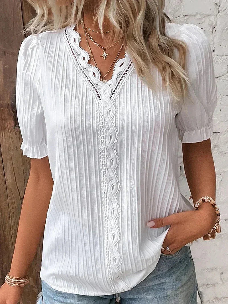 Frances | Lace-Trim V-Neck Blouse, Puff Short-Sleeve Top