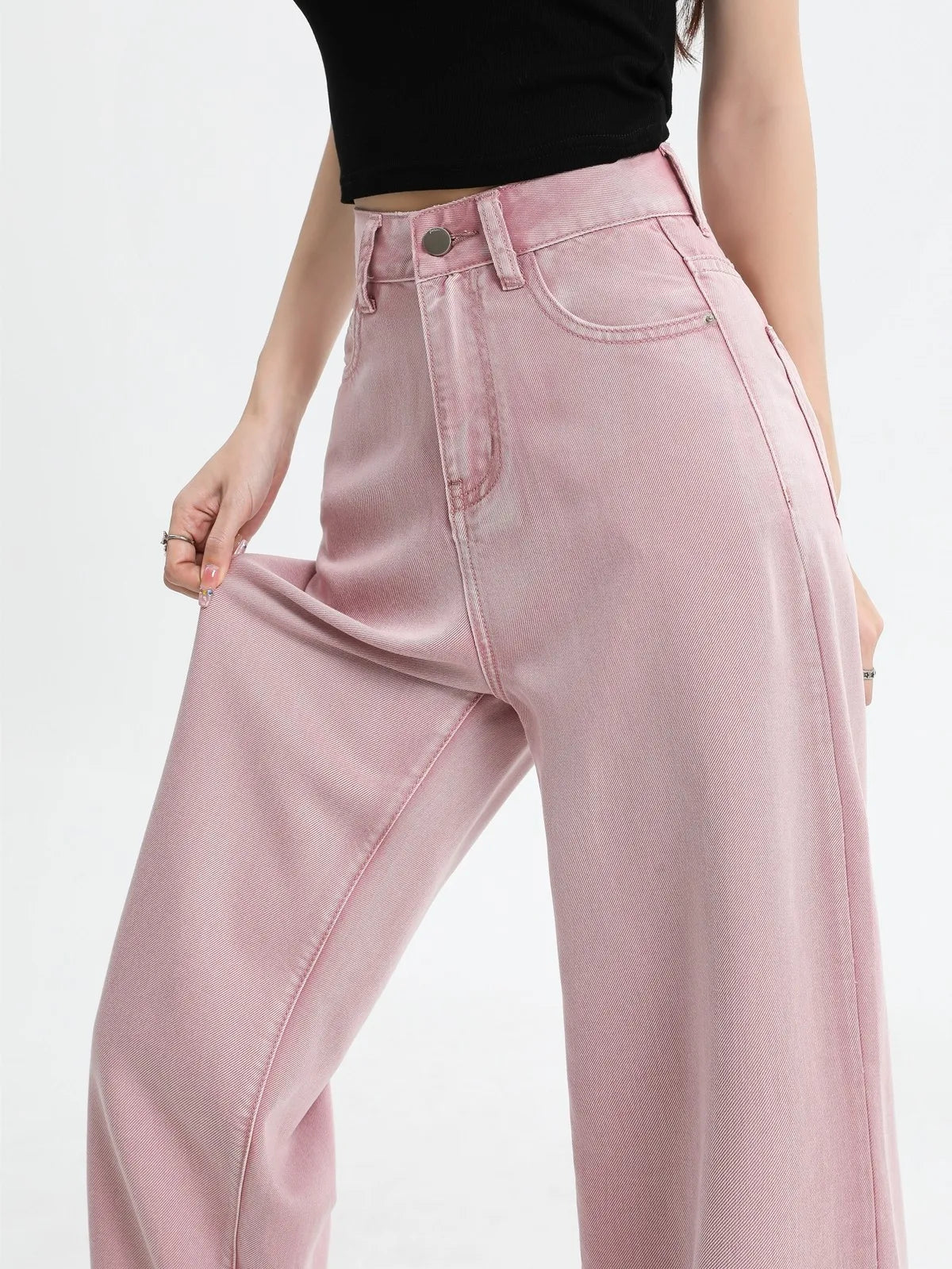 Ivy | Pink High-Rise Wide-Leg Denim Jeans, Full-Length Five-Pocket
