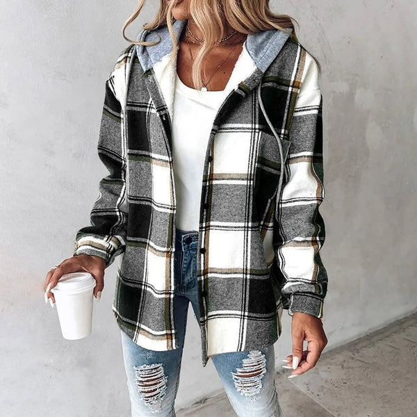 Marion | Hooded Checked Brushed Woven Jacket, Button-Front Overshirt