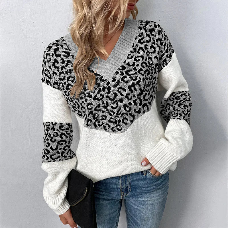 Flora | Leopard-Print Colorblock Knit Sweater, V-Neck Pullover