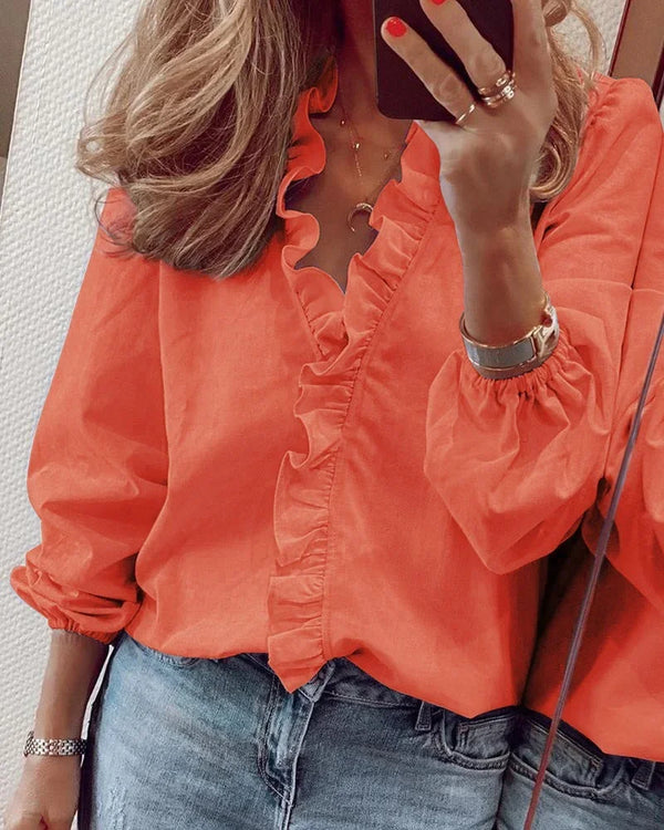 Ivy | Scalloped Ruffle Woven Blouse, Deep Split V-Neck Balloon-Sleeve Top