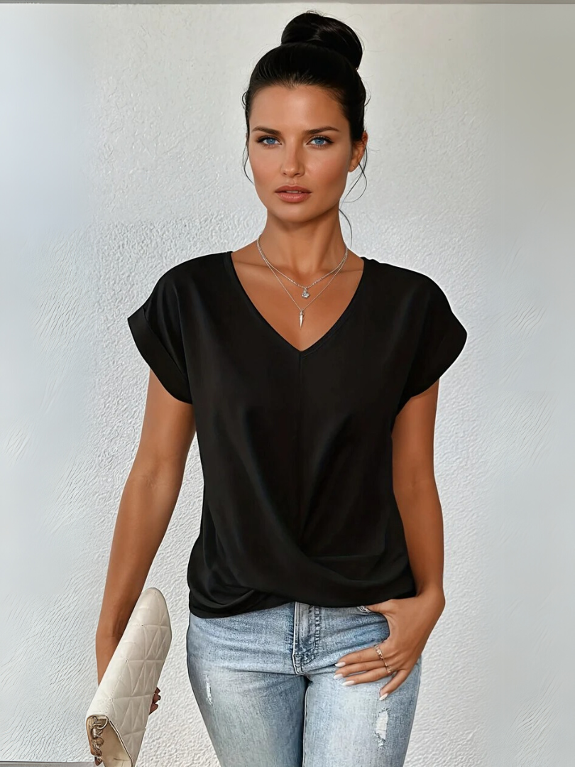 Elise | Twist-Front Satin Blouse, V-Neck Short-Sleeve Top