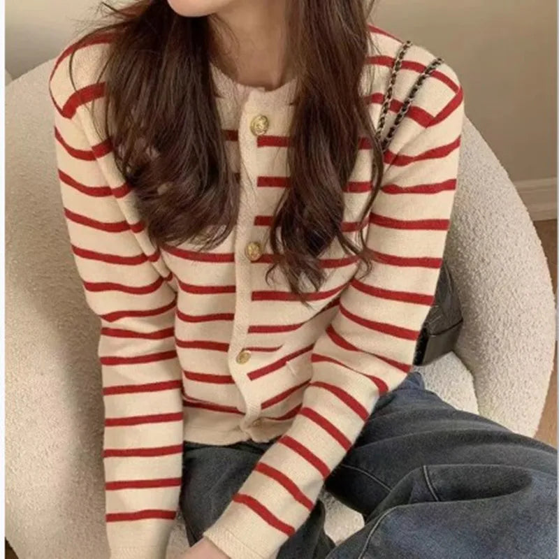 Nell | Striped Fine Knit Button Cardigan, Cropped Neat-Fit Sweater