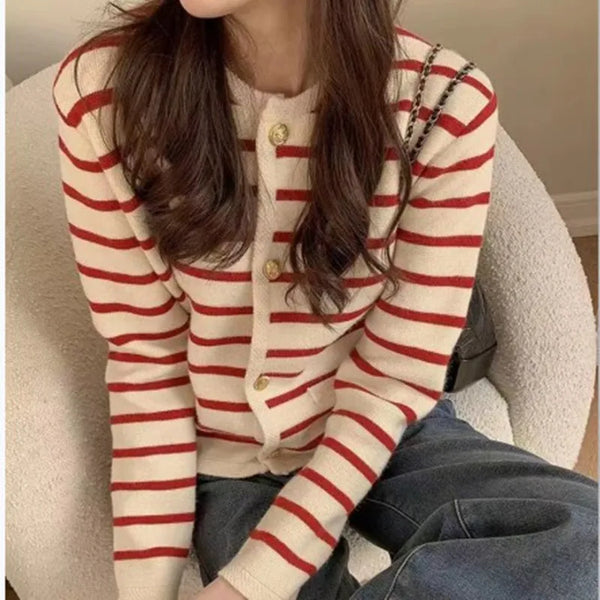 Nell | Striped Fine Knit Button Cardigan, Cropped Neat-Fit Sweater