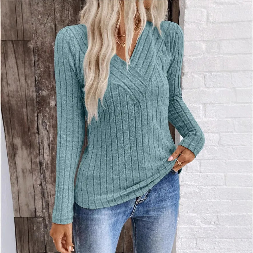 Grace | Surplice Wrap-Front Rib-Knit Top, Fitted Long-Sleeve V-Neck