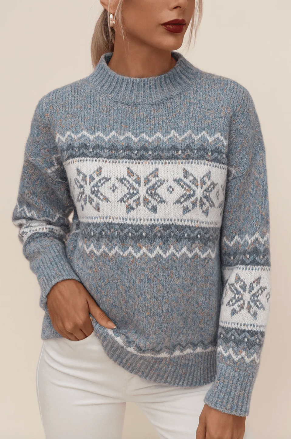 Lillian | Snowflake-Pattern Knit Sweater, Mock-Neck Winter Pullover