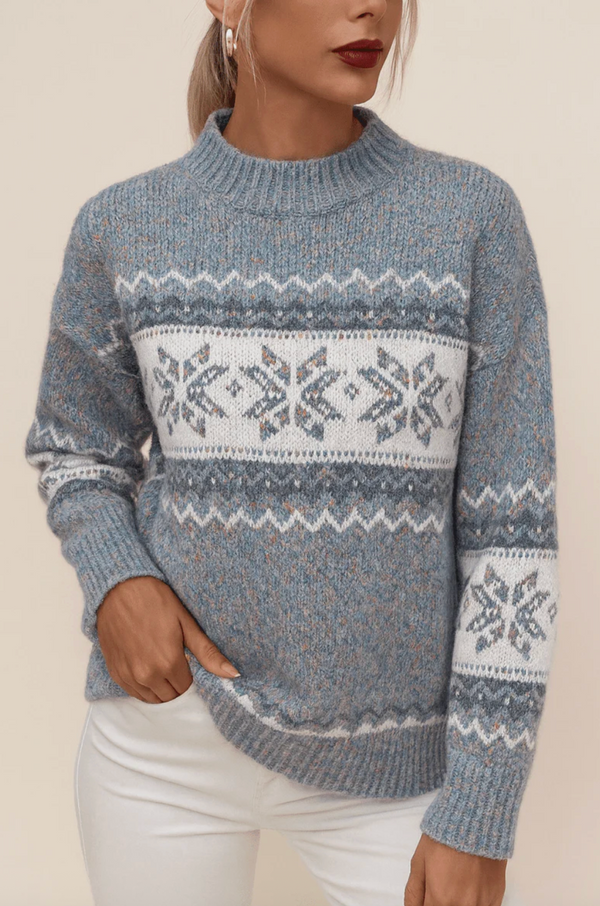 Lillian | Snowflake-Pattern Knit Sweater, Mock-Neck Winter Pullover