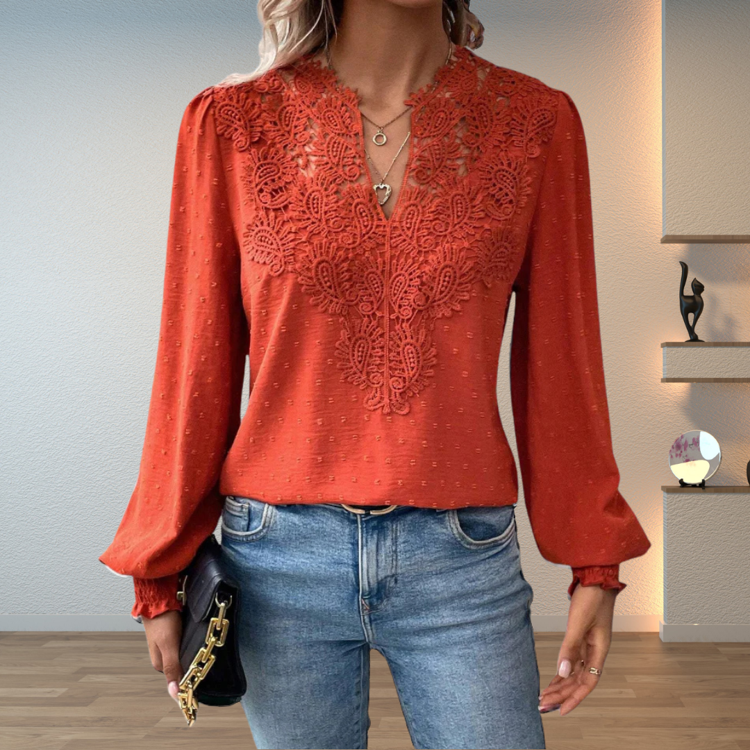 Greta | Lace-Yoke Dot-Texture Woven Blouse, Blouson-Sleeve Split V-Neck