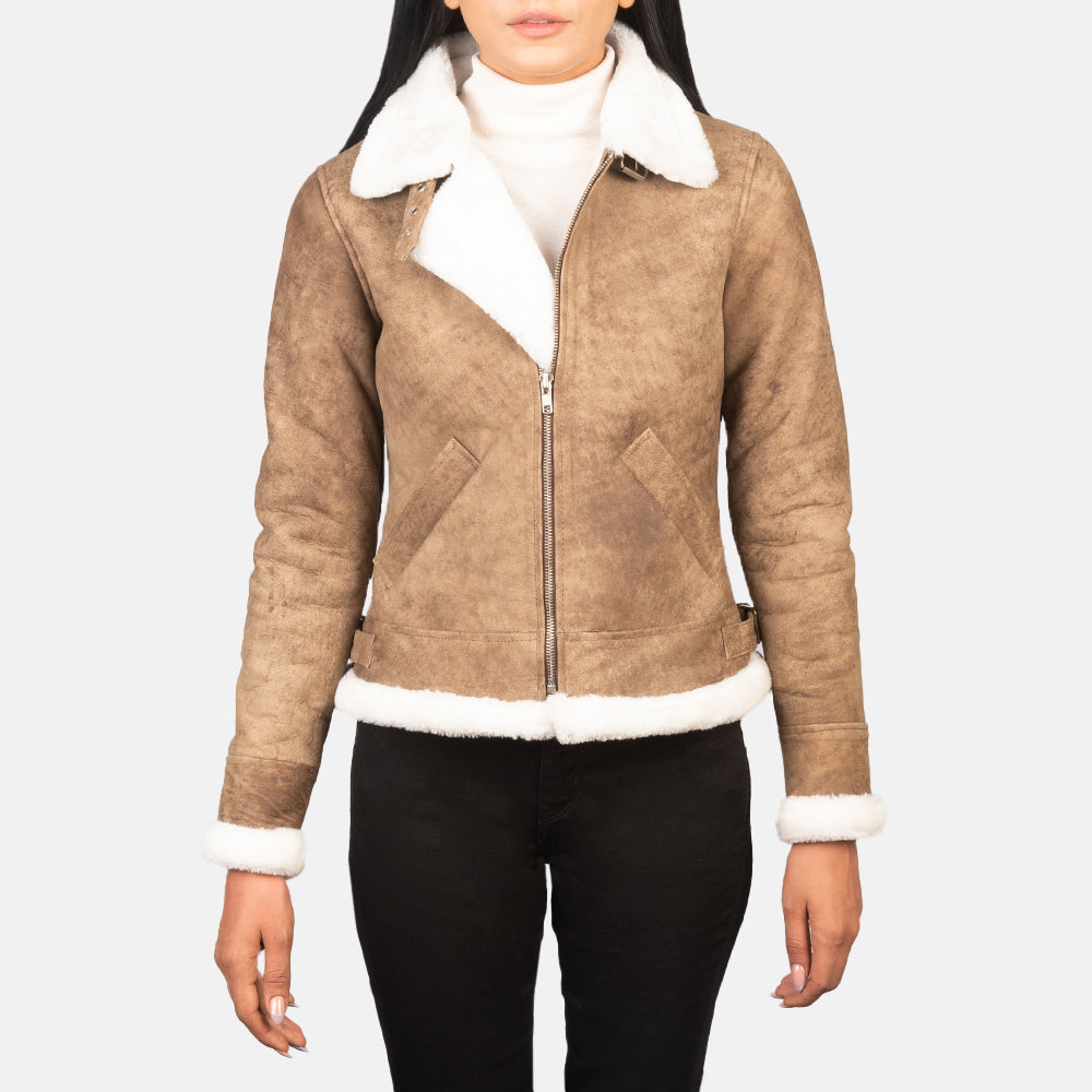 Annie | Distressed Faux-Suede Aviator Jacket, Faux-Shearling Trim