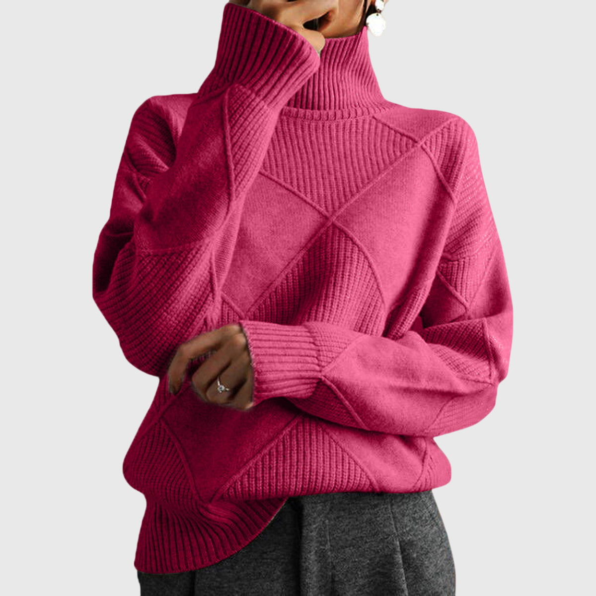 Matilda | Diamond-Cable Chunky Knit Funnel-Neck Sweater, Oversized Pullover