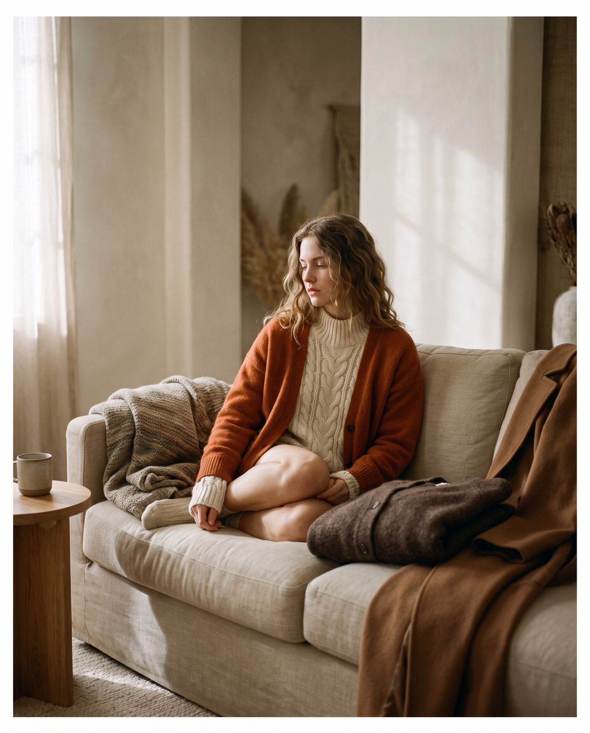 Woman in an oatmeal cable-knit sweater and rust cardigan layered on a linen sofa, with a folded wool coat beside her