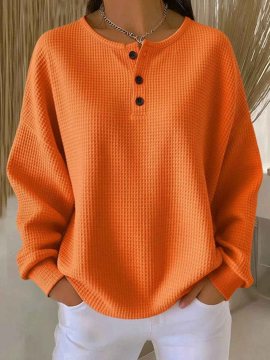Maya | Three-Button Waffle Knit Henley Sweater, Oversized Pullover