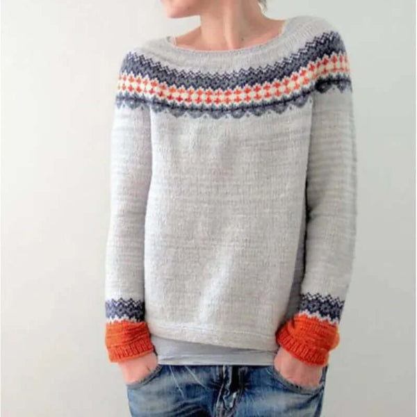Faye | Fair-Isle Yoke Sweater, Soft Brushed Knit Pullover