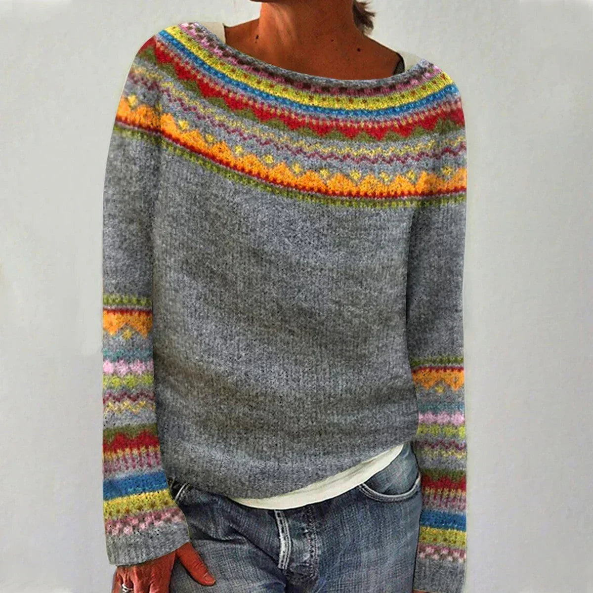 Daisy | Patterned-Yoke Brushed Knit Sweater, Crewneck Nordic Pullover