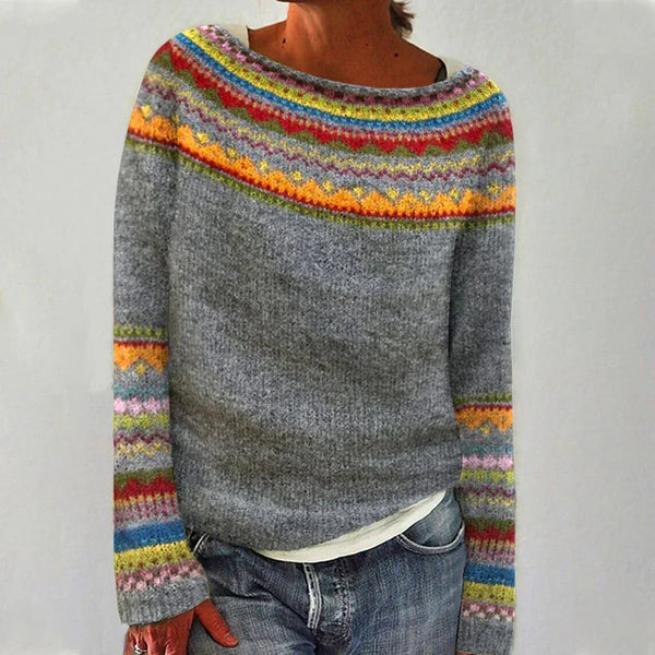 Daisy | Patterned-Yoke Brushed Knit Sweater, Crewneck Nordic Pullover