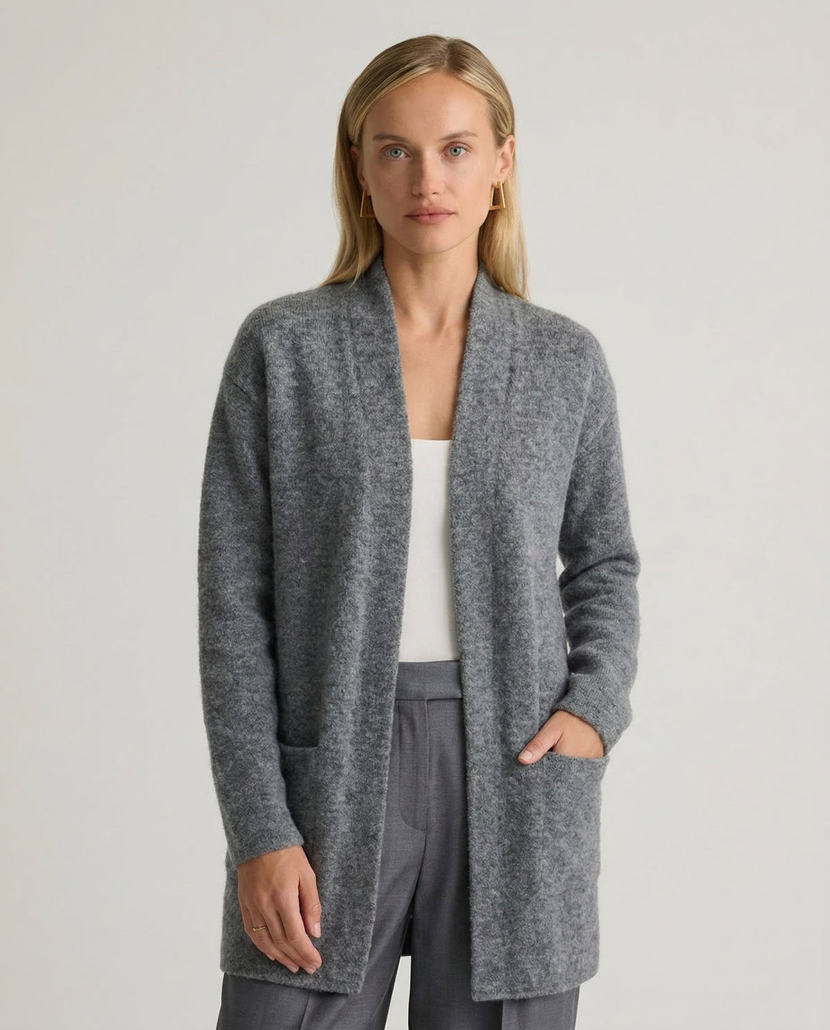Jane | Longline Open-Front Brushed Knit Cardigan, Patch-Pocket Duster