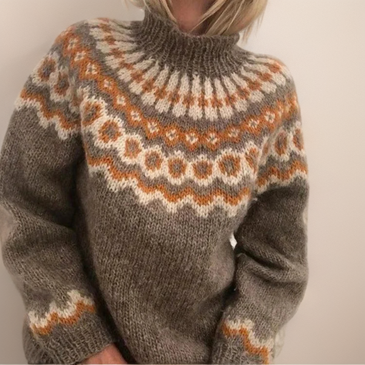 Ava | Patterned-Yoke Chunky Knit Sweater, Mock-Neck Pullover
