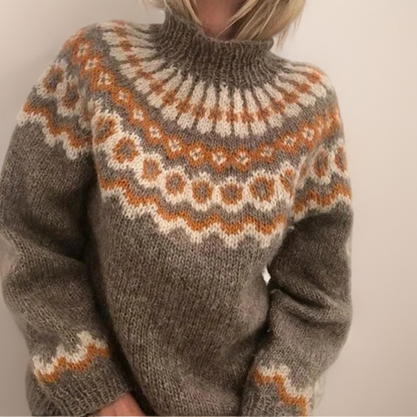 Ava | Patterned-Yoke Chunky Knit Sweater, Mock-Neck Pullover